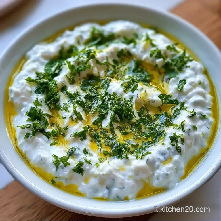 Salsa bianca cremosa servita in una cocotte di ceramica, con un rametto di menta e gocce di olio lucido in superficie.