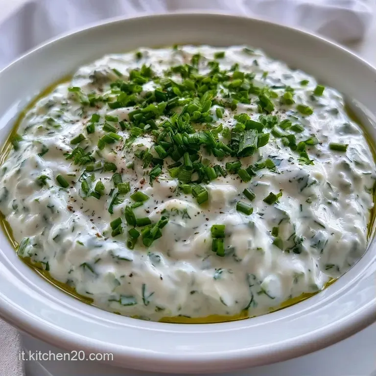 Piccola coppa di vetro con crema bianca densa e vellutata, un filo d'olio lucido e una fogliolina di menta fresca.