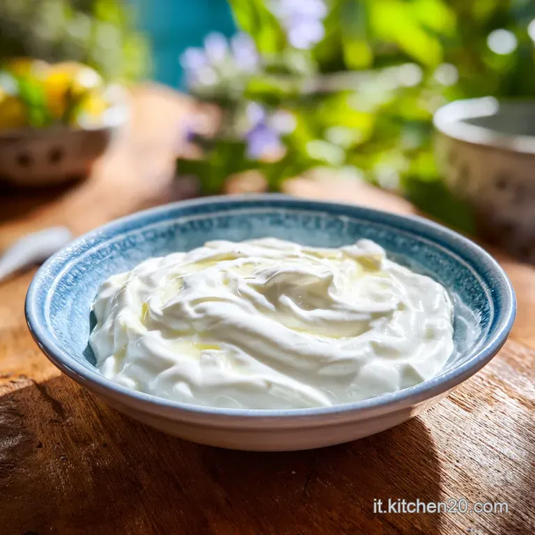A swirl of creamy, pale green yogurt sauce, flecked with red pepper and fresh herbs, artfully drizzled on a white plate.