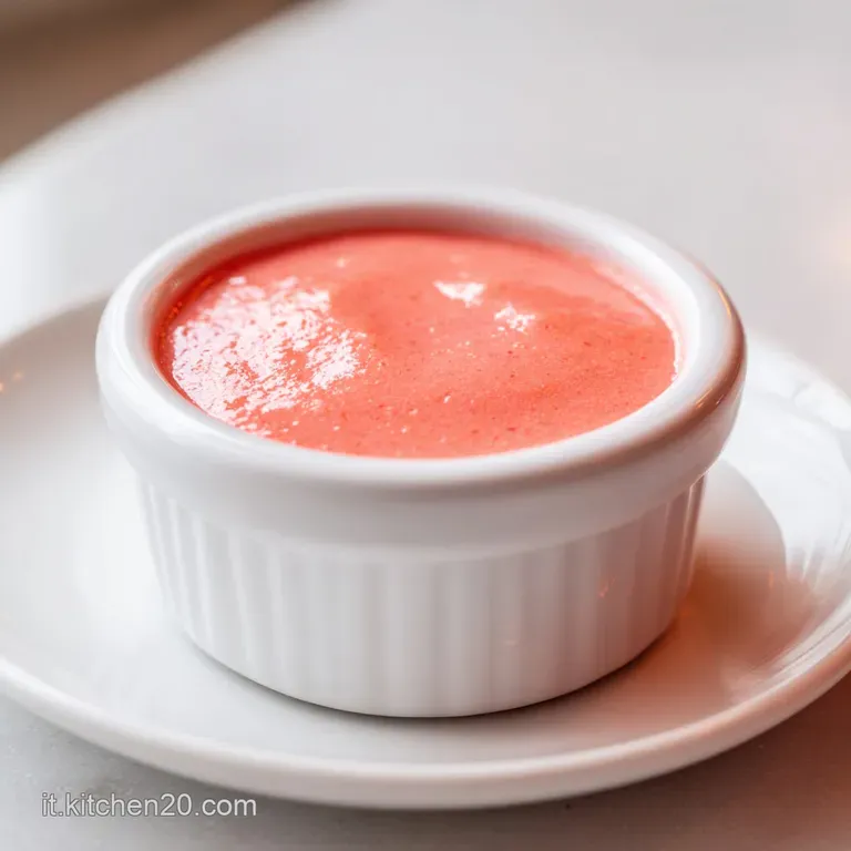 Artistic swirl of creamy rose-colored sauce on a white plate, garnished with a tiny leaf of fresh green parsley.