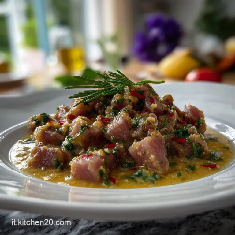 Silky salsa tonnata elegantly draped over tuna slices, garnished with bright green herbs and a drizzle of olive oil.