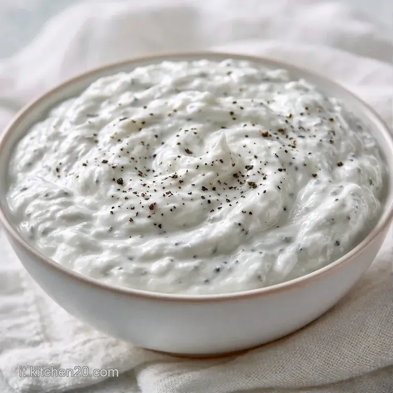 Piccola ciotola di ceramica bianca con crema densa e vellutata, guarnita con mentuccia fresca e pepe nero macinato.