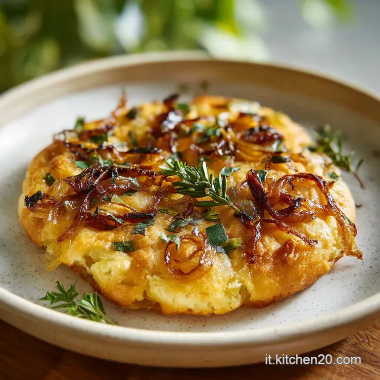 Slice of warm, rustic schiacciata alle cipolle on a linen napkin, showcasing its caramelized onions and airy, open crumb s...
