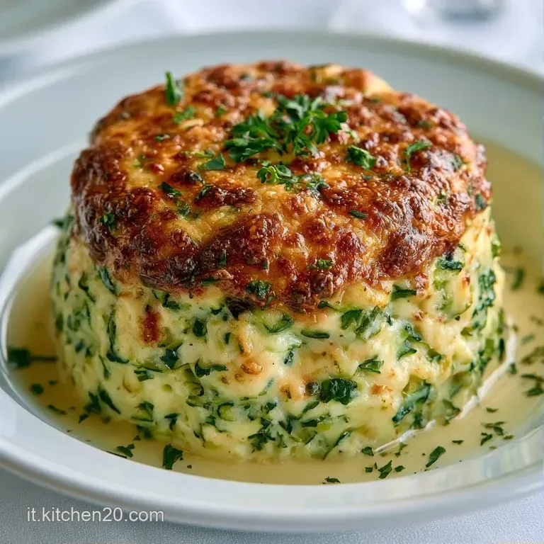 Una fetta di sformato giallo oro su piatto ceramica, guarnita con erbe fresche e un filo d'olio extravergine lucido.