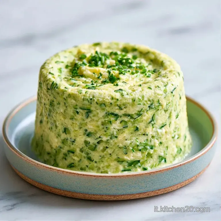 Porzione cilindrica di crema bianca e verde su piatto di ceramica, decorata con foglioline di basilico e olio lucido.