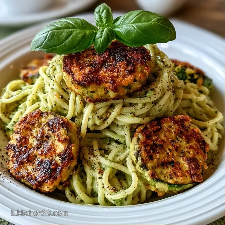 Pasta cremosa disposta a nido con zucchine fritte dorate e scaglie di formaggio bianco su un elegante piatto di ceramica.