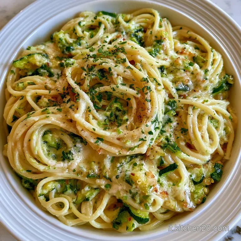 Elegante nido di pasta cremosa color giallo paglierino, con zucchine croccanti e un velo di olio extravergine lucido.