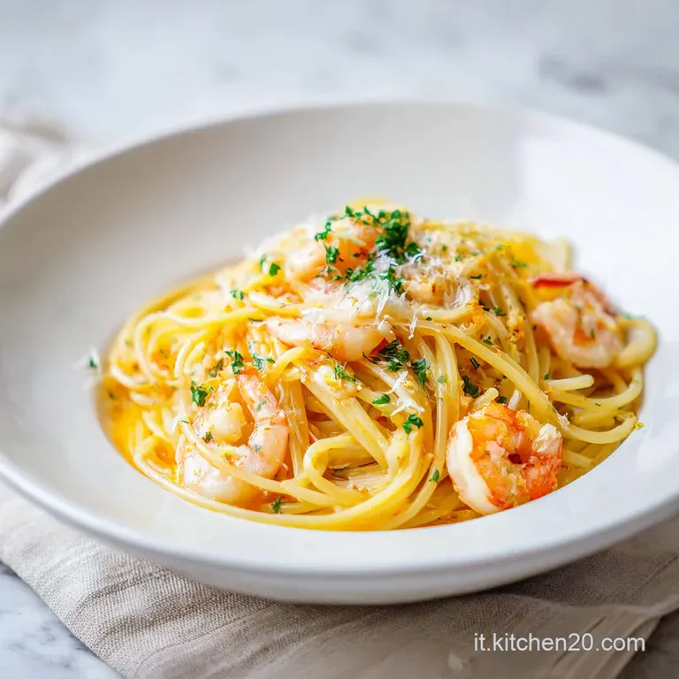 A flawlessly plated swirl of spaghetti, speckled with seafood, glistens under studio lights against a crisp white plate.
