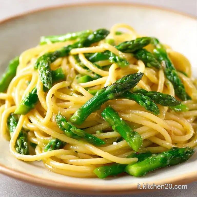Elegante nido di pasta avvolto in salsa cremosa, punte di asparagi verde brillante e un filo d'olio lucido.