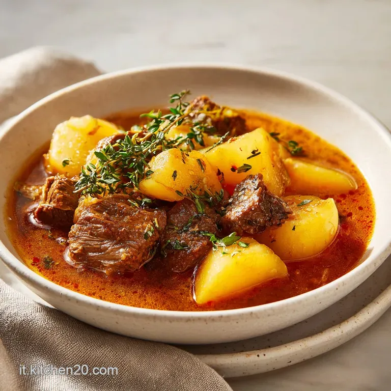 A single serving of potato stew artfully plated. Garnished with fresh parsley and a drizzle of olive oil. Earthy and comfo...