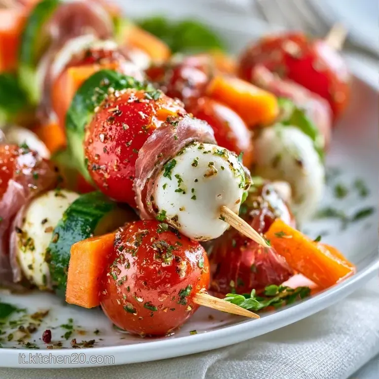 Spiedini ordinati su un piatto di ceramica bianca, alternando sfere di mozzarella morbida e pomodorini lucidi e tondi.