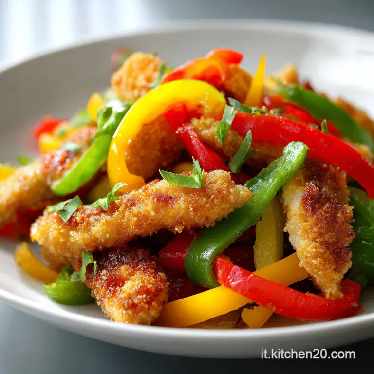 A swirl of creamy chicken and pepper mixture artfully arranged on a plate, garnished with fresh herbs.