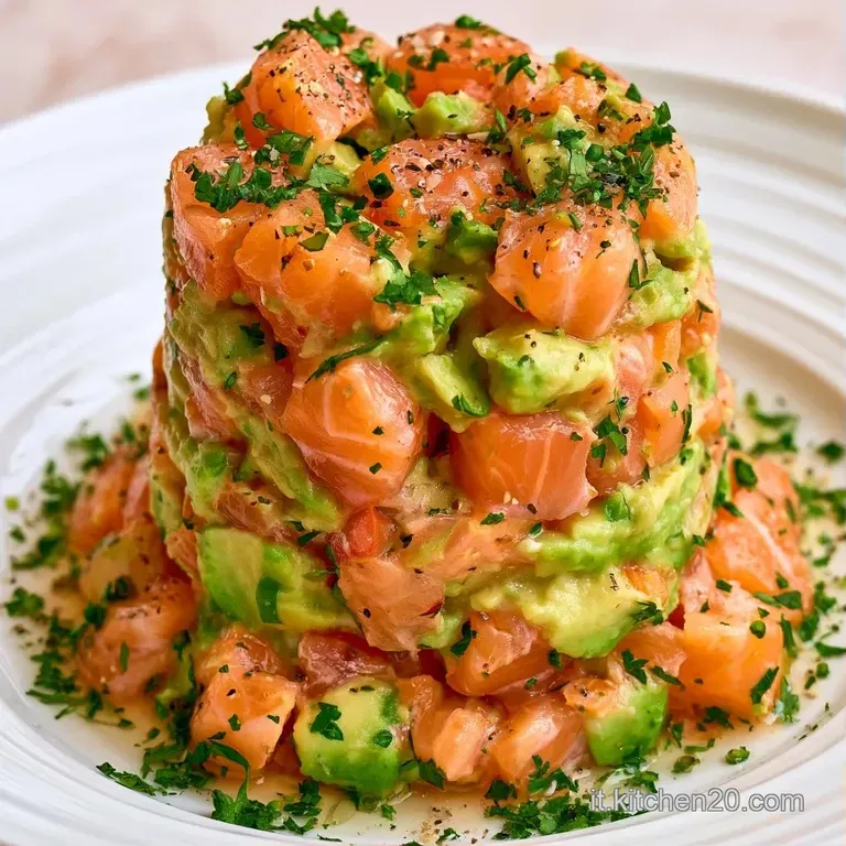 Due strati compatti di pesce rosa brillante e crema di avocado verde su piatto bianco, decorati con gocce di olio.