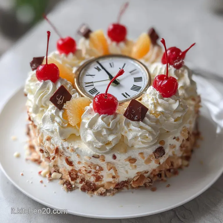 Elegant slice of Torta di Capodanno. Creamy filling layers peek between soft cake, topped with delicate cocoa powder dust...