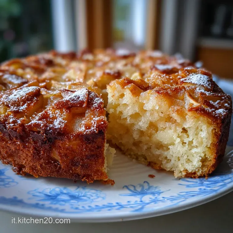 Slice of airy apple cake with visible apple chunks, resting on a white plate, dusted with sugar. A delicious taste of fall...