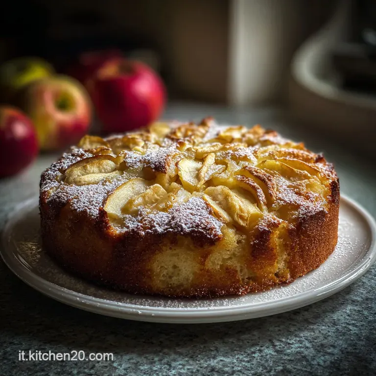 Slice of soft apple cake on a white plate. Caramel drizzle and fresh mint garnish provide extra color and texture.
