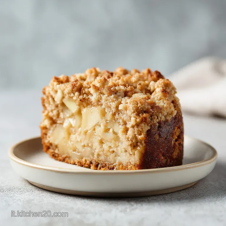 A slice of fluffy apple cake with tender fruit pieces, artfully plated with a dollop of cream.