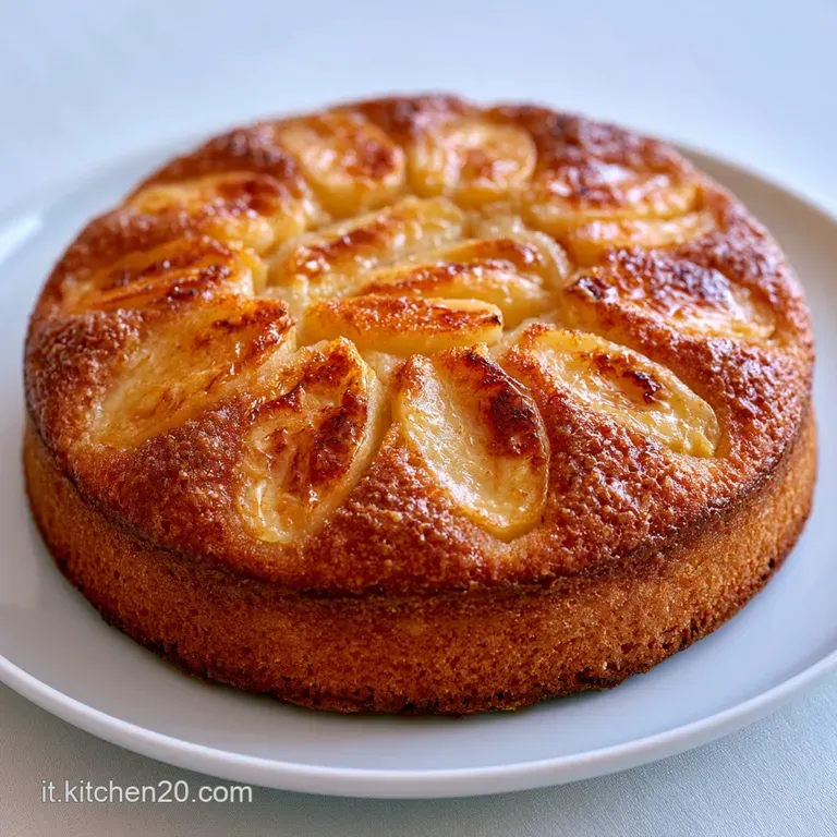 Una fetta di dolce soffice e dorato su un piatto bianco, con mela caramellata e una crema vellutata di colore bianco.