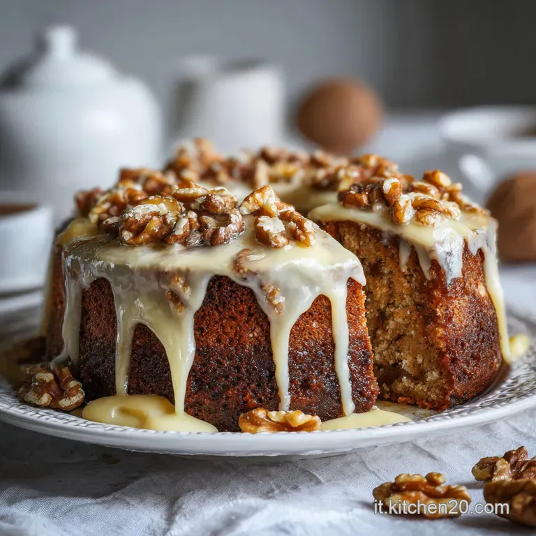 A slice of walnut cake, showcasing the dense texture and nutty interior. Garnished with walnuts and a dusting of powdered ...