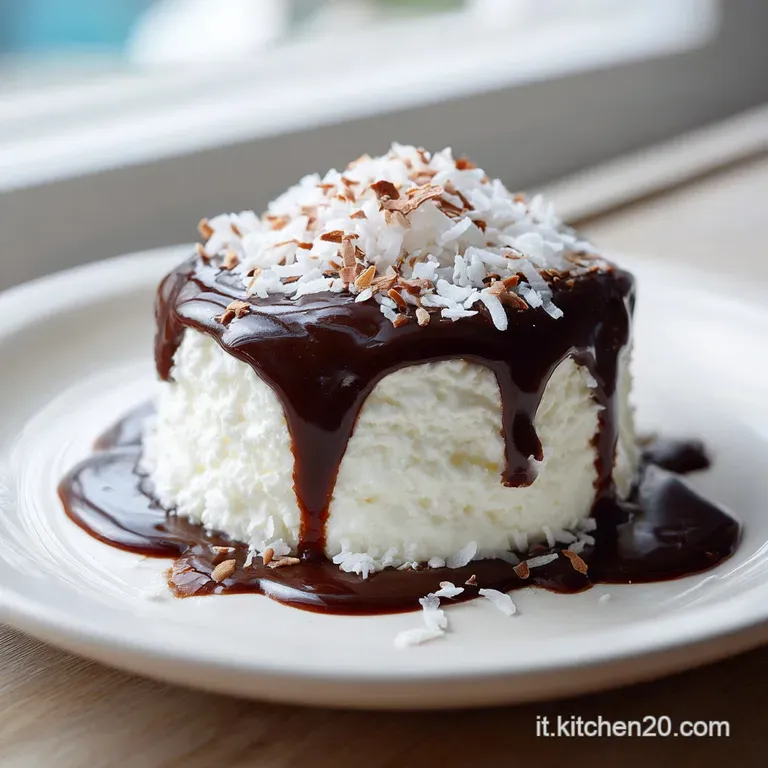 Slice of chilled chocolate coconut cake on a white plate, garnished with shaved coconut, hinting at cool, creamy textures.