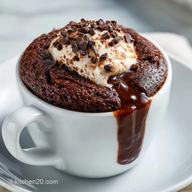 Fluffy chocolate mug cake topped with whipped cream and cocoa powder. Served in a clean white mug on a marble surface.