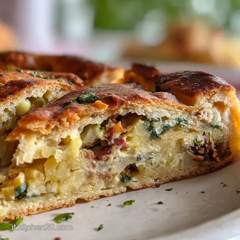 A delicate slice of Torta Pasqualina on a white plate, revealing layers of spinach and ricotta, garnished with fresh parsl...