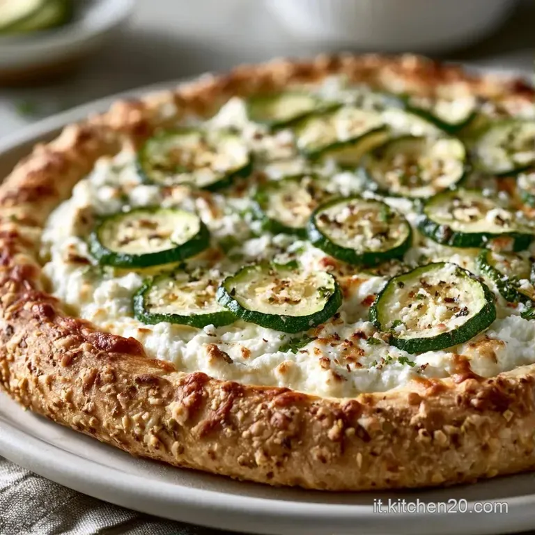 Fetta di torta rustica su piatto bianco, crosta bruna e friabile con ripieno morbido e zucchine tenere verde brillante.