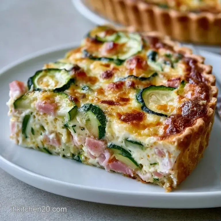 Sottile fetta di torta dorata su piatto bianco, con cuore cremoso e rondelle di zucchine verde brillante.