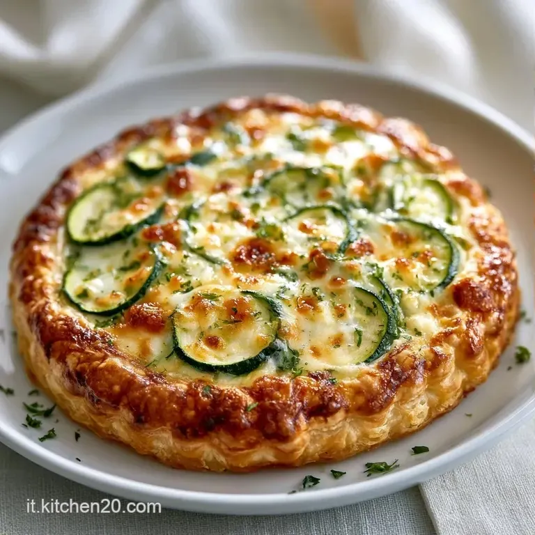 Fetta di torta salata su piatto bianco, crosta friabile, zucchine tenere e fili di mozzarella filante e calda.