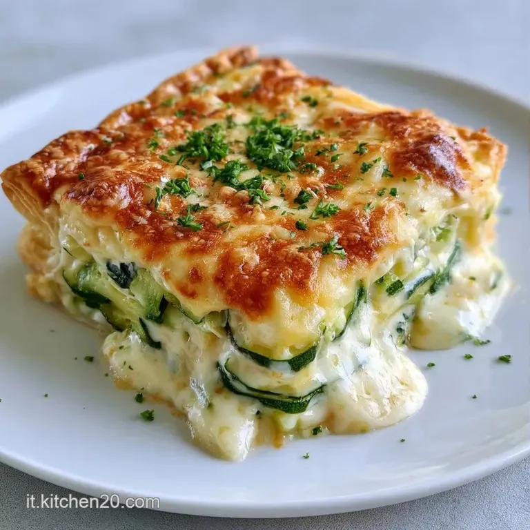 Una fetta di torta salata su piatto bianco, con crosta croccante e cuore cremoso di zucchine e formaggio fuso.