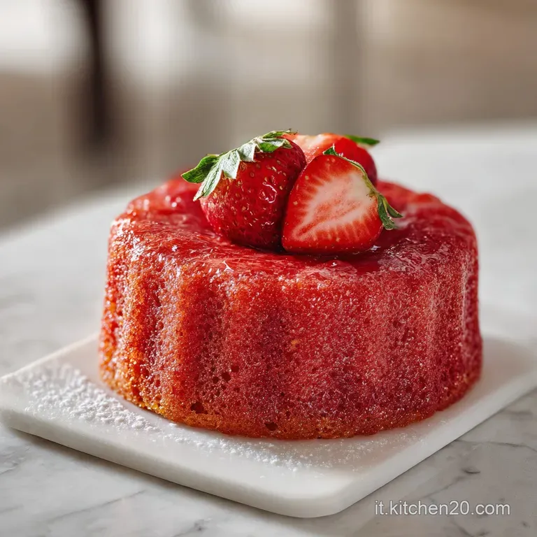 A slice of fluffy apple-strawberry cake with vibrant red fruit, elegantly plated.