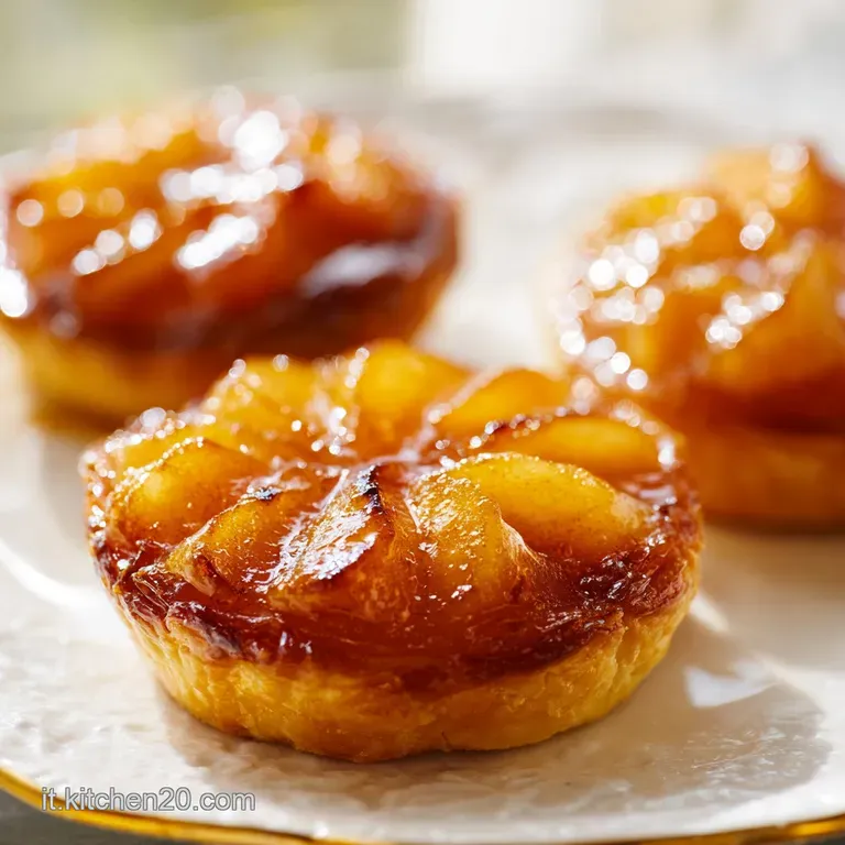 Fetta di torta con mele caramellate su piatto bianco, accompagnata da crema vellutata e caramello lucido.