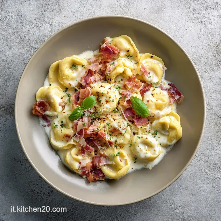 A steaming bowl of tortellini, coated in velvety cream sauce, garnished with finely diced prosciutto.