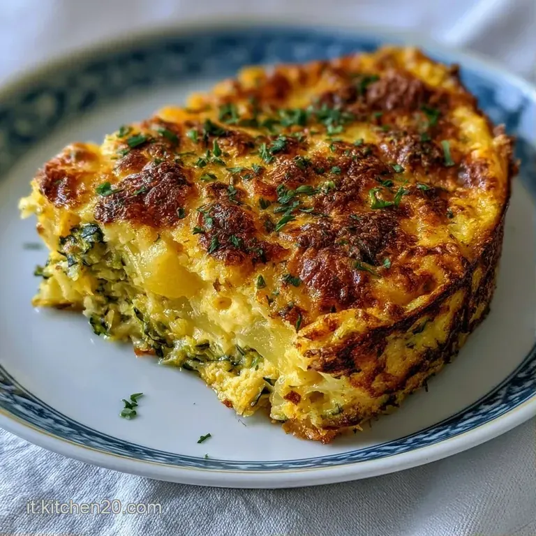 Una fetta di tortino dorato su piatto bianco, guarnita con erbe fresche e un filo d'olio che lucida la superficie.