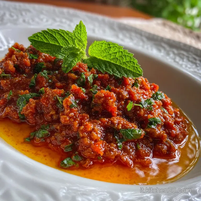 A single serving of tripe in red sauce plated elegantly, showcasing the depth of color and garnish of fresh parsley sprigs.