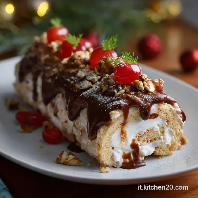 Elegant plate featuring a slice of the rolled pasta dessert; layers of creamy filling and perfectly cut pasta, dusted with...