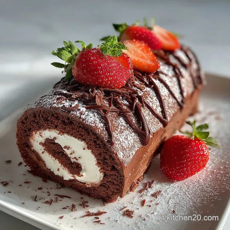 Elegant slice of festive chocolate log cake, revealing a creamy, swirled interior, plated with a delicate dusting of cocoa...