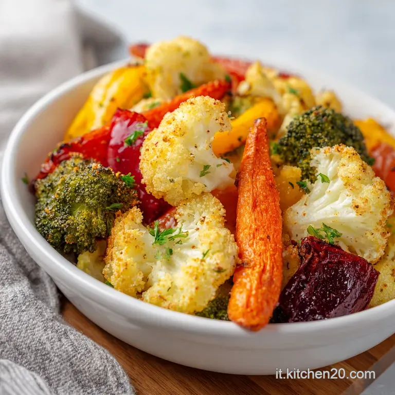 Elegant plate featuring colorful roasted vegetables, herbs, and a drizzle of oil, glistening under the light. Warm and inv...