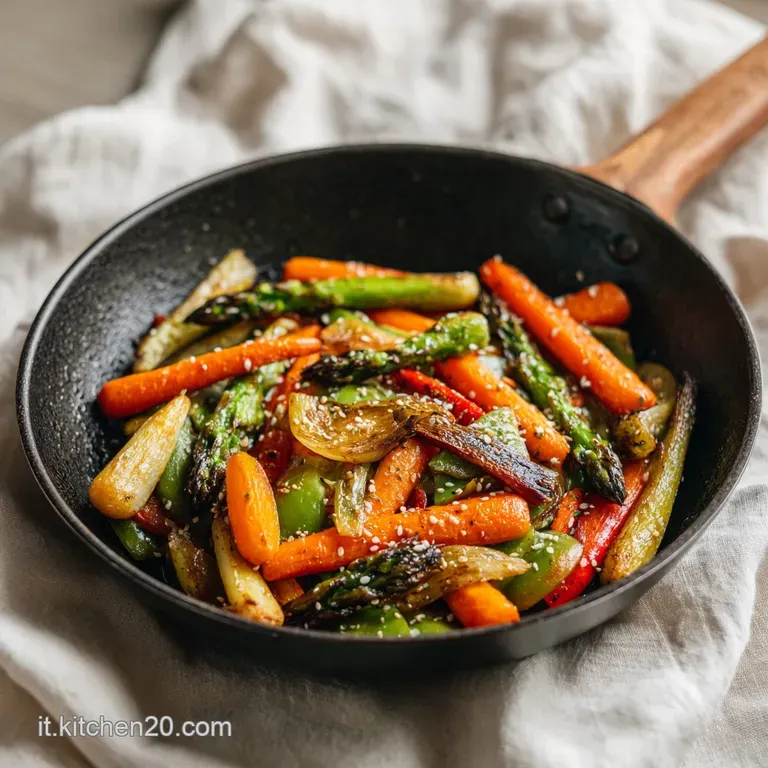 Artfully arranged, colorful saut&eacute;ed vegetables dusted with herbs on a clean white plate.