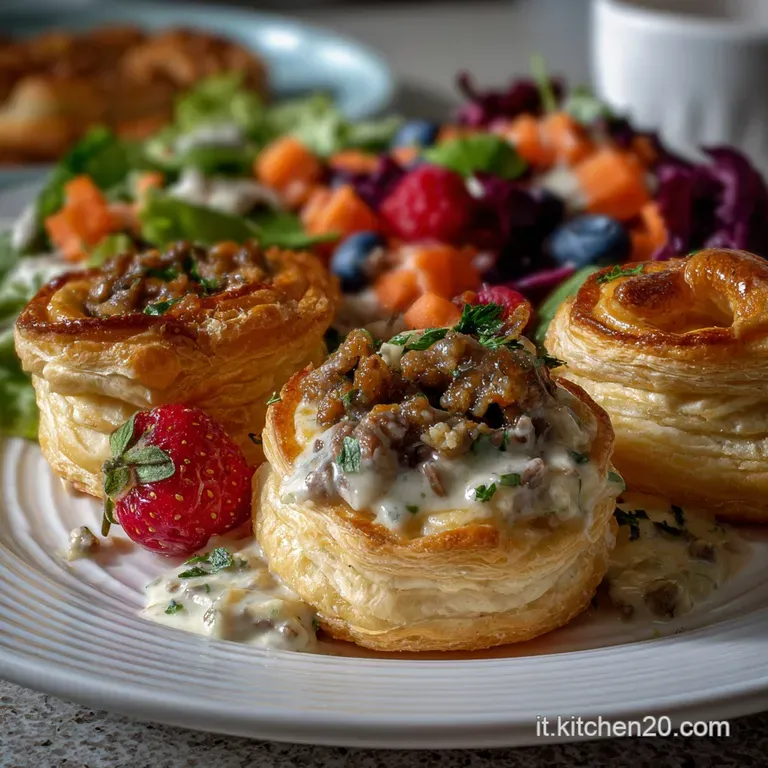 Elegant plate showcasing several crisp vol-au-vents with vibrant fillings. Garnished with fresh herbs, a delightful and ap...
