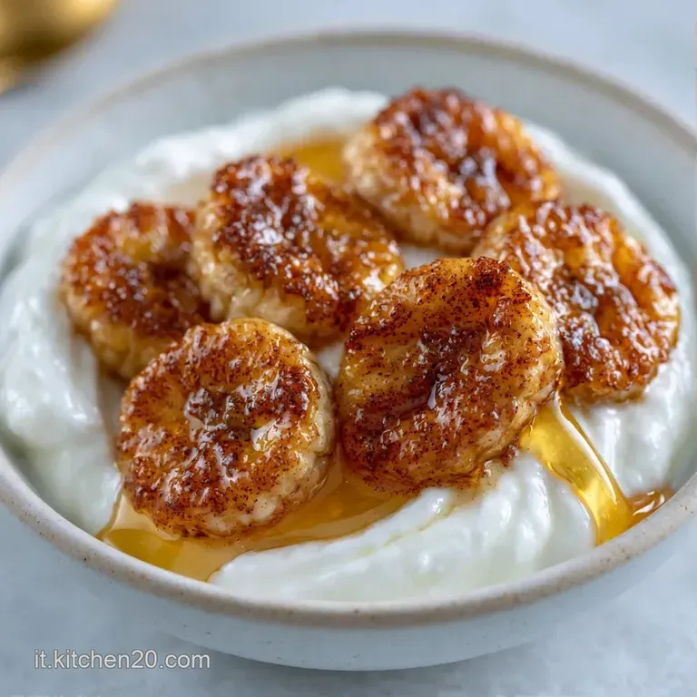 Yogurt bianco setoso decorato con fette di banana ordinate e granella croccante in una ciotola di ceramica minimalista.