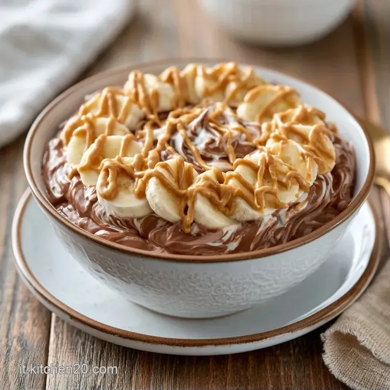 Ciotola di ceramica bianca con vellutata crema color cacao, decorata con mirtilli blu e scaglie di cioccolato fondente.