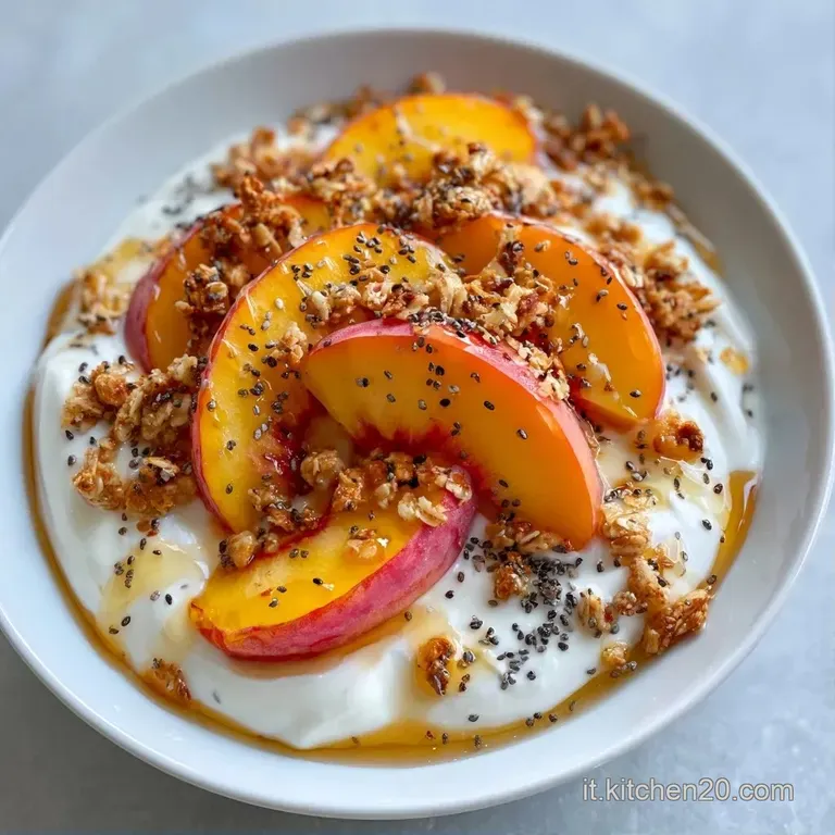 Disposizione ordinata di pesche succose e granola tostata su una base di yogurt bianco vellutato in una ciotola.