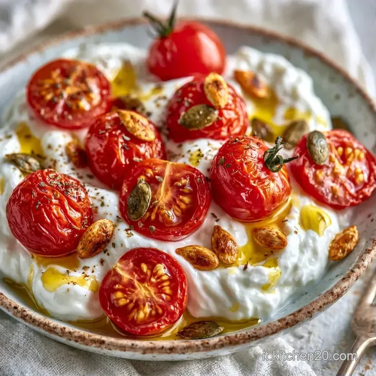 Yogurt bianco denso decorato con semi tostati dorati, erbe aromatiche verdi e gocce di olio che brillano alla luce naturale.