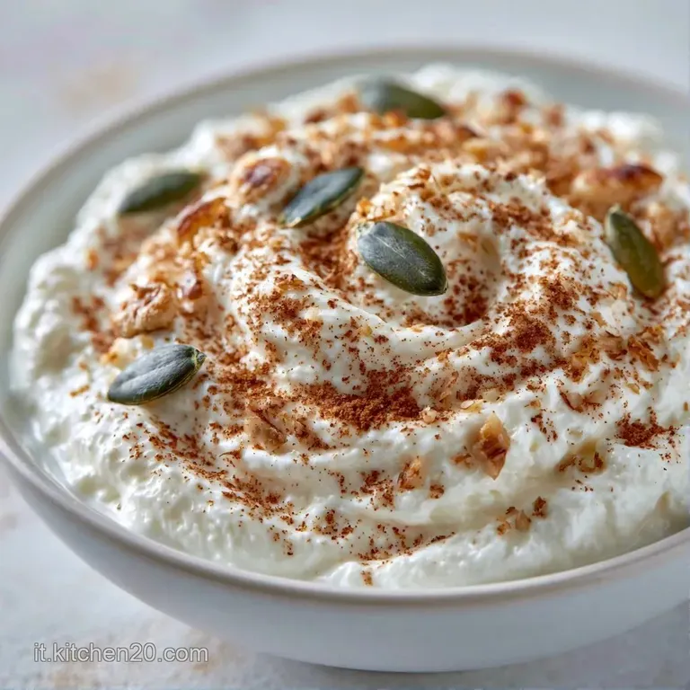 Yogurt bianco setoso in un bicchiere di vetro, decorato con mandorle tostate e frutti secchi dai colori vivaci.