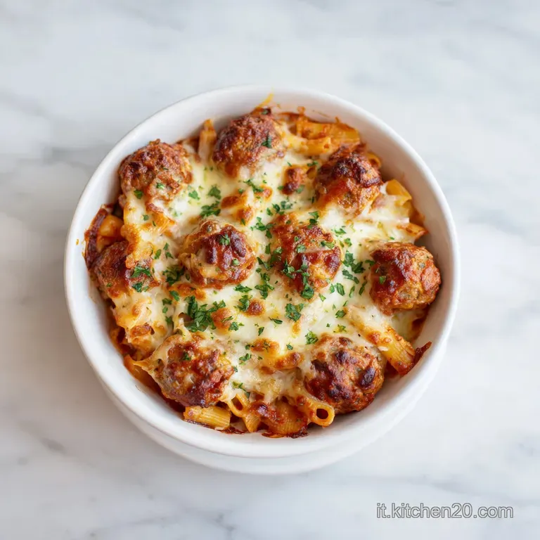 Perfectly portioned baked ziti: a square of tender pasta, bright sauce, and a juicy meatball, dusted with grated parmesan.