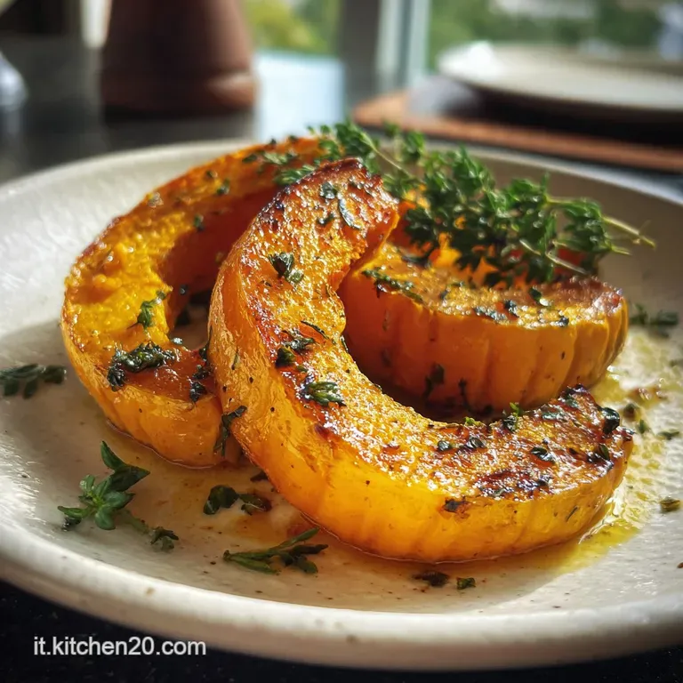 Butternut squash, roasted until tender and slightly browned, elegantly arranged on a white plate. Herb sprigs provide a fr...