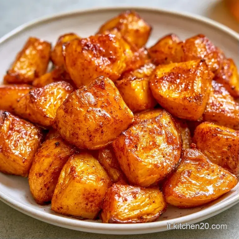 Cubetti di zucca dorata disposti con cura su un piatto bianco, guarniti con erbe verdi fresche e piccoli semi tostati.