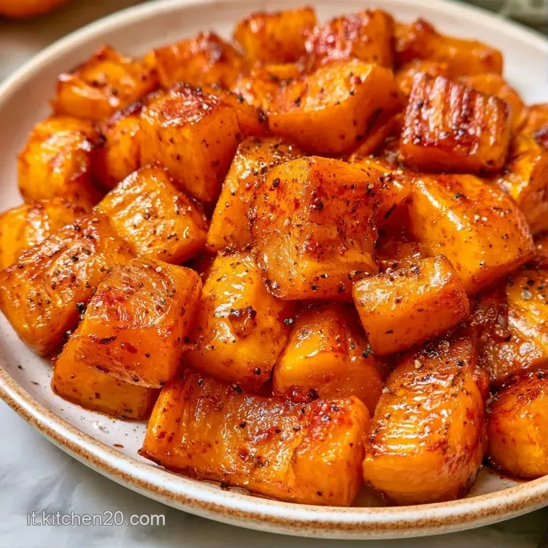 Cubetti di zucca dorata disposti con cura, spolverati di erbe aromatiche verdi su un piatto scuro dallo stile moderno.