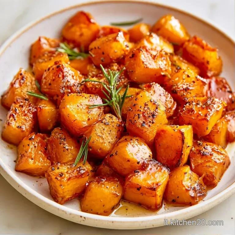 Cubetti di zucca dorata e morbida su un piatto bianco, decorati con erbe aromatiche verdi e un velo d'olio lucente.